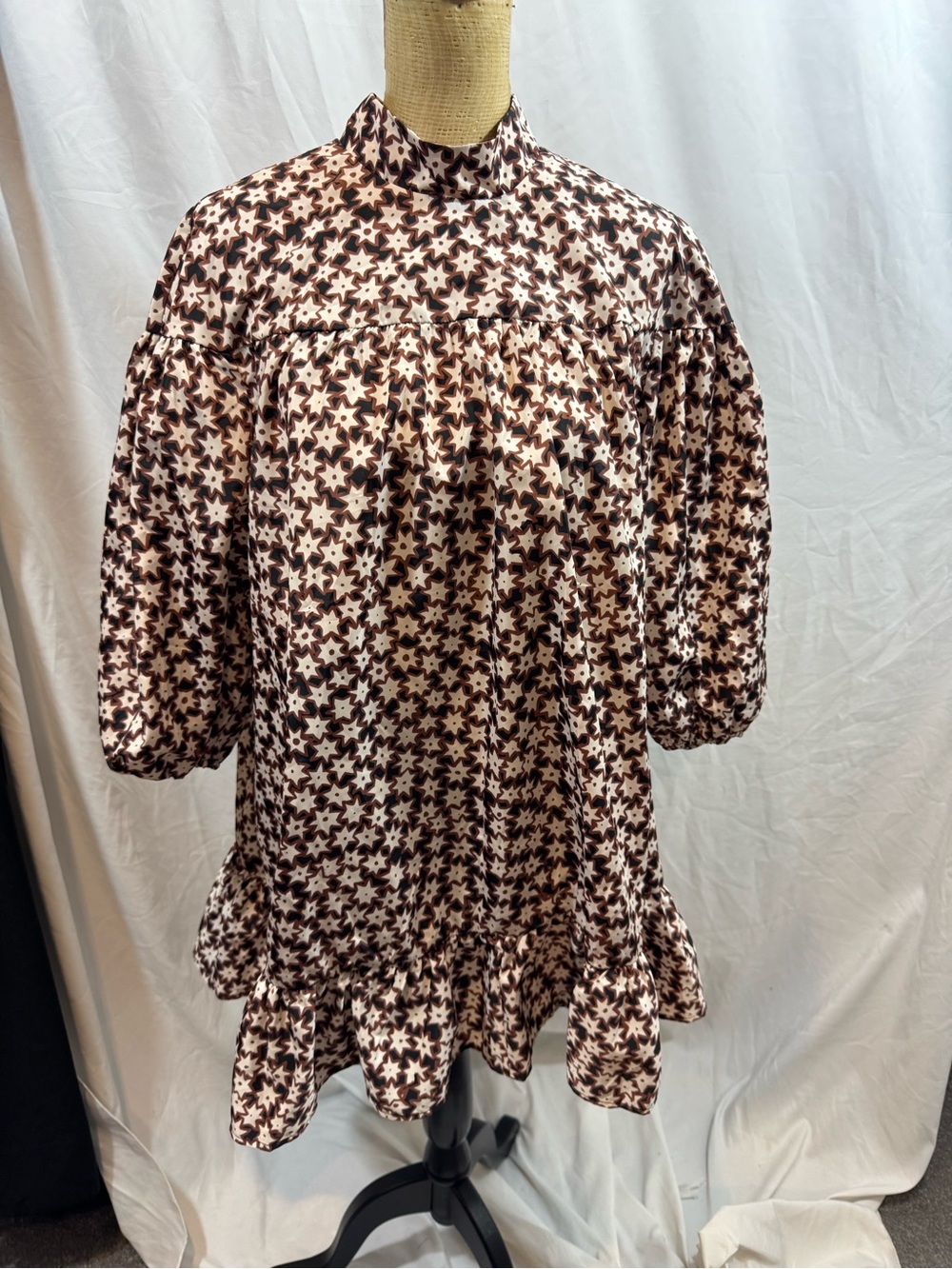 Anthropologie Star-Print Puff Sleeve Tunic in Brown and White dress M